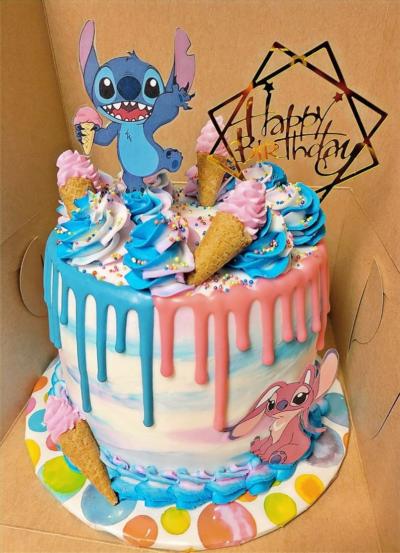 Stitch themed drip cake with pastel sprinkles