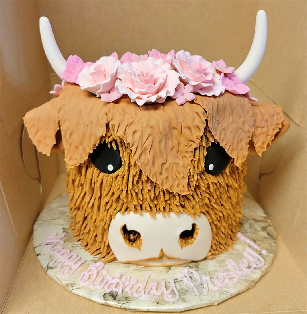 Sculpted highland cow cake finished with flowers