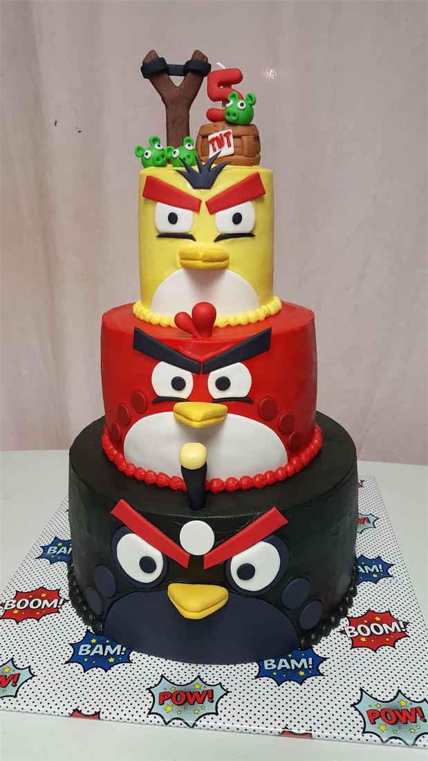 Angry Birds themed tiered birthday cake