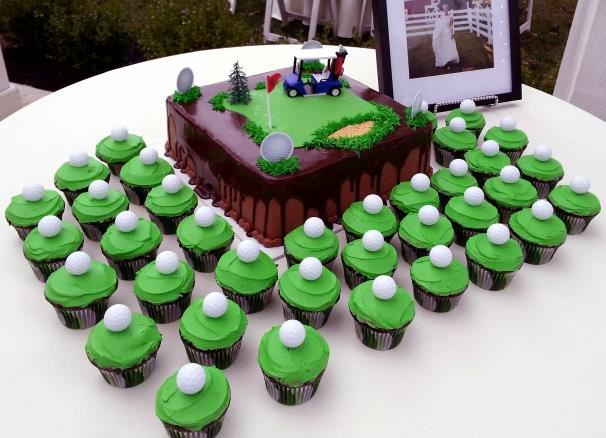 Golf green groom cake served with green frosted cupcakes