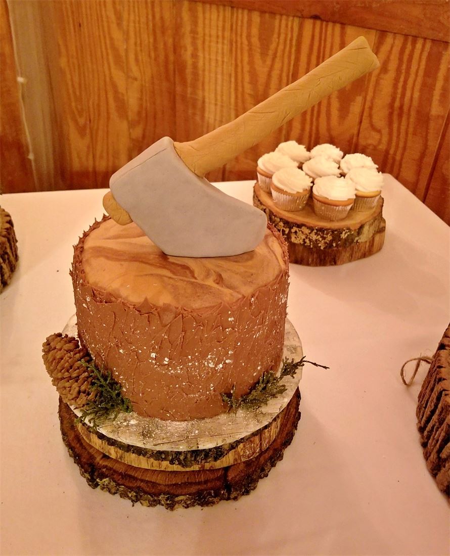 Rustic wood grain cake with a chocolate shard on a log slice